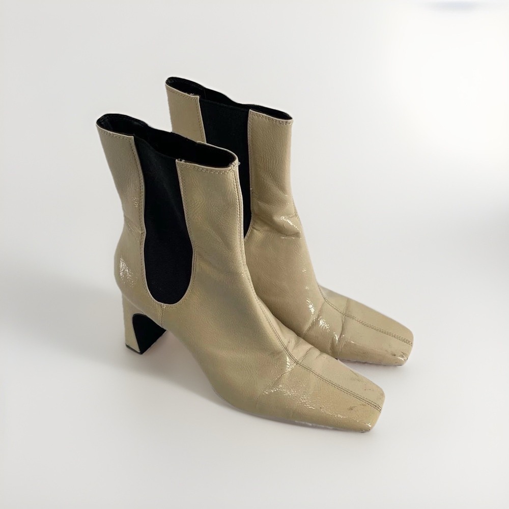 Zara Women Ankle Boots Y2K Square Toe Block Heel Beige Size 38 Preowned